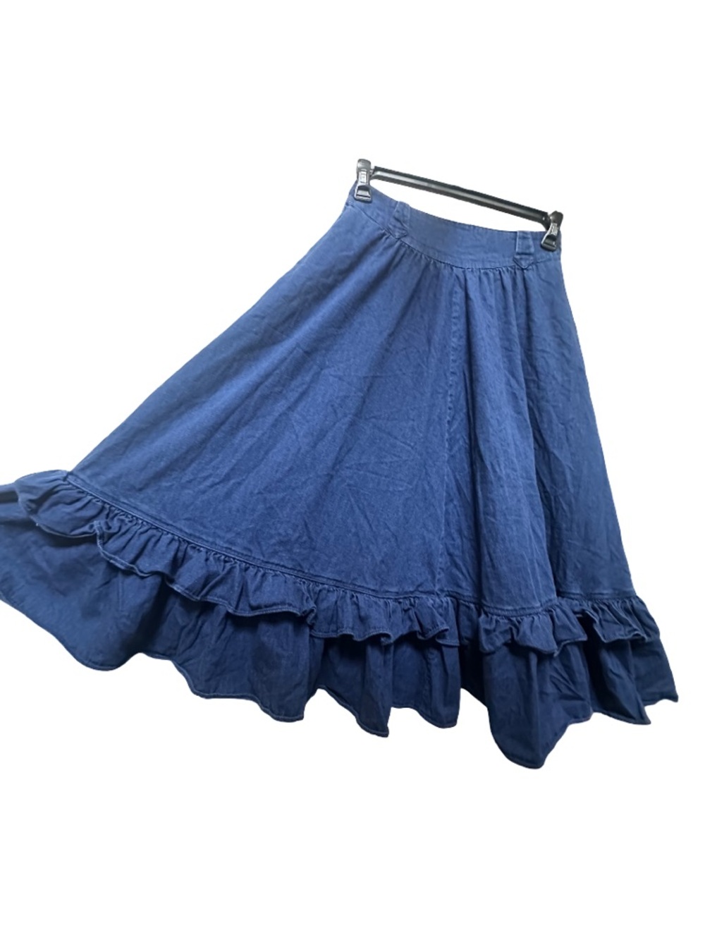 Vintage Circle T Cotton Denim Tiered Ruffle Midi Skirt, western boho - Picture 4 of 10